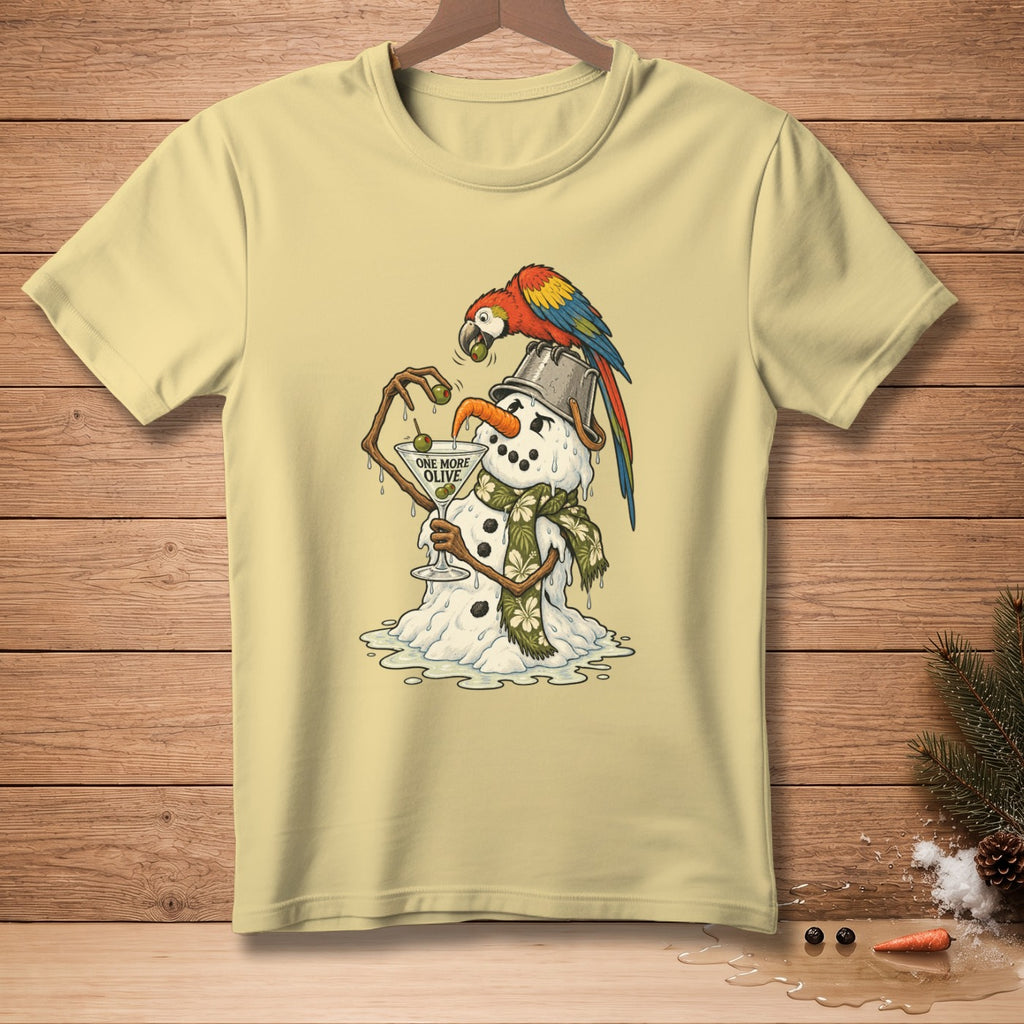 Melting snowman holding olive martini with parrot on bucket hat.