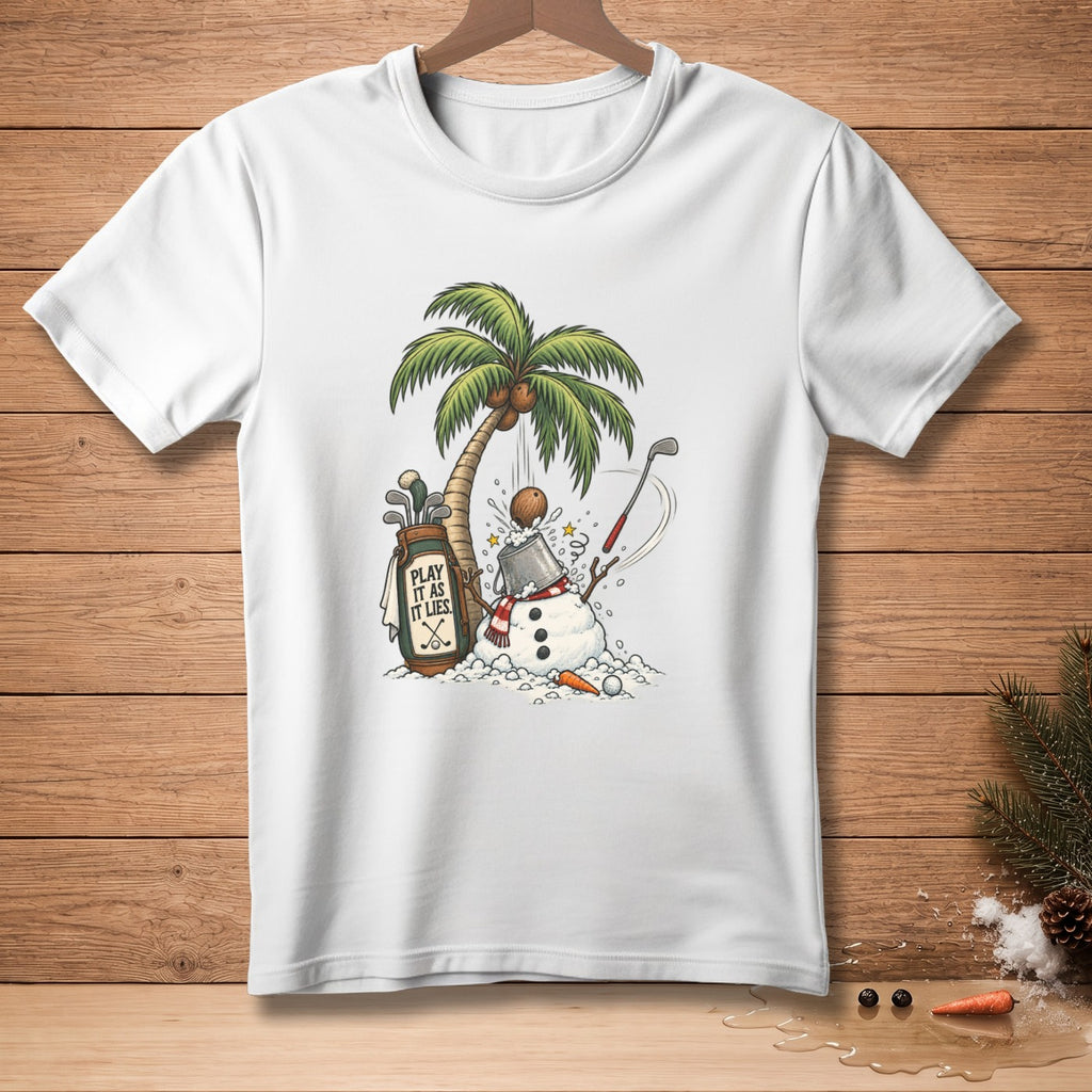White t-shirt featuring a snowman, palm tree, coconut, golf bag, and clubs with text.