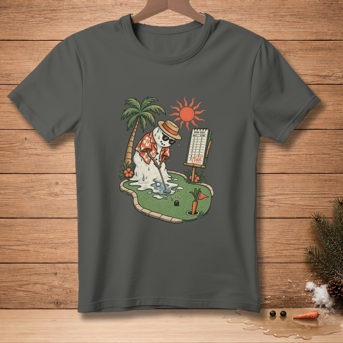 Melting snowman plays mini golf under a hot sun with a scorecard.