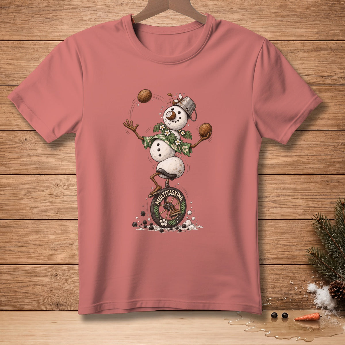 Snowman juggling coconuts while riding a unicycle with text "MULTITASKING" on the wheel.