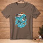 Brown t-shirt with illustration of three snowmen snorkeling with flippers and fish.