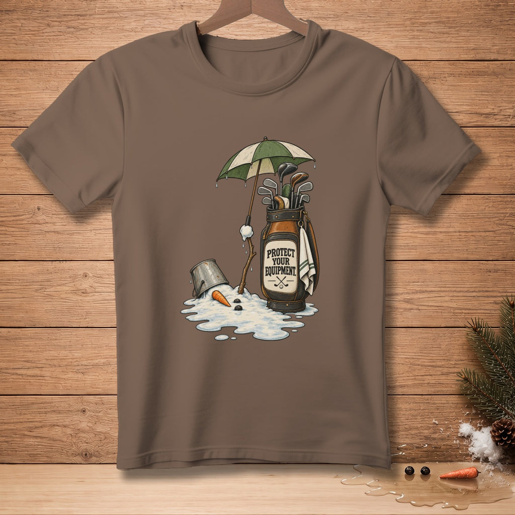 Golf bag with clubs under umbrella beside melting snowman and text "PROTECT YOUR EQUIPMENT."