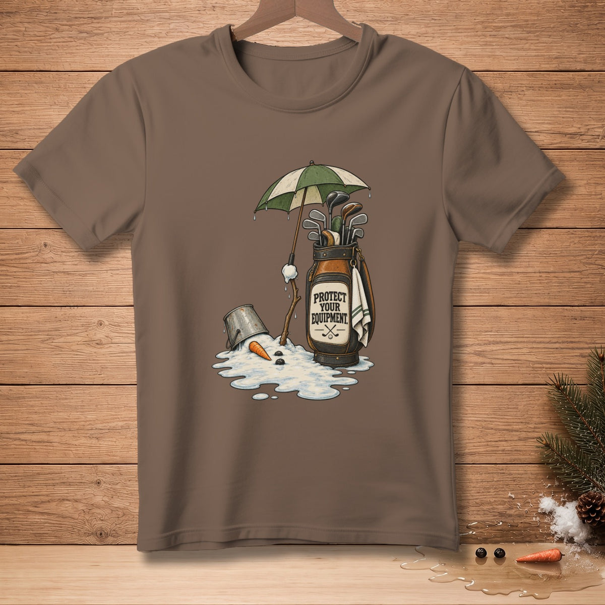 Golf bag with clubs under umbrella beside melting snowman and text "PROTECT YOUR EQUIPMENT."