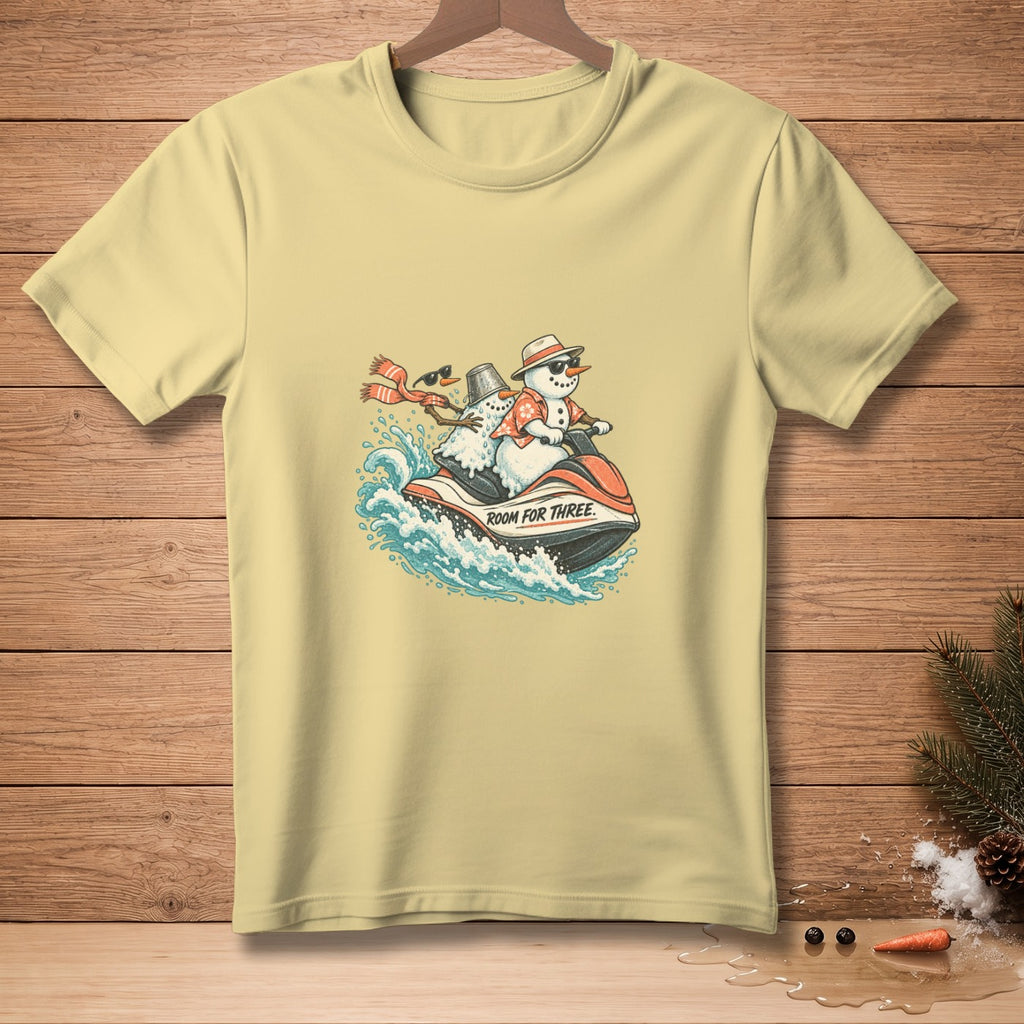 Two snowmen on a jet ski with text "Room for Three".