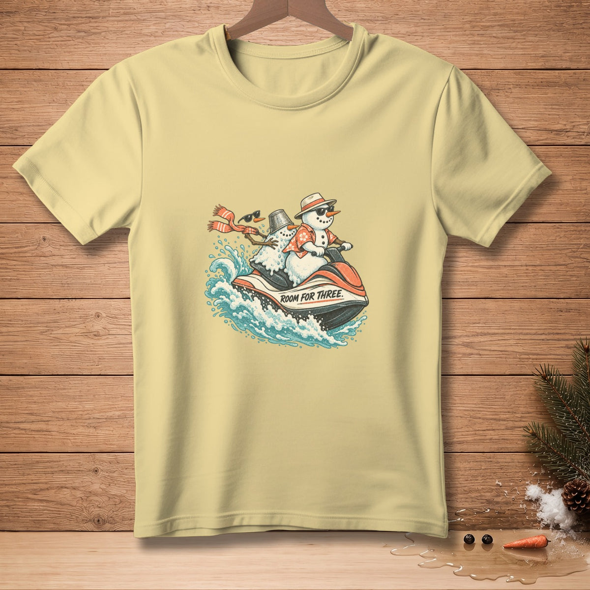Two snowmen on a jet ski with text "Room for Three".