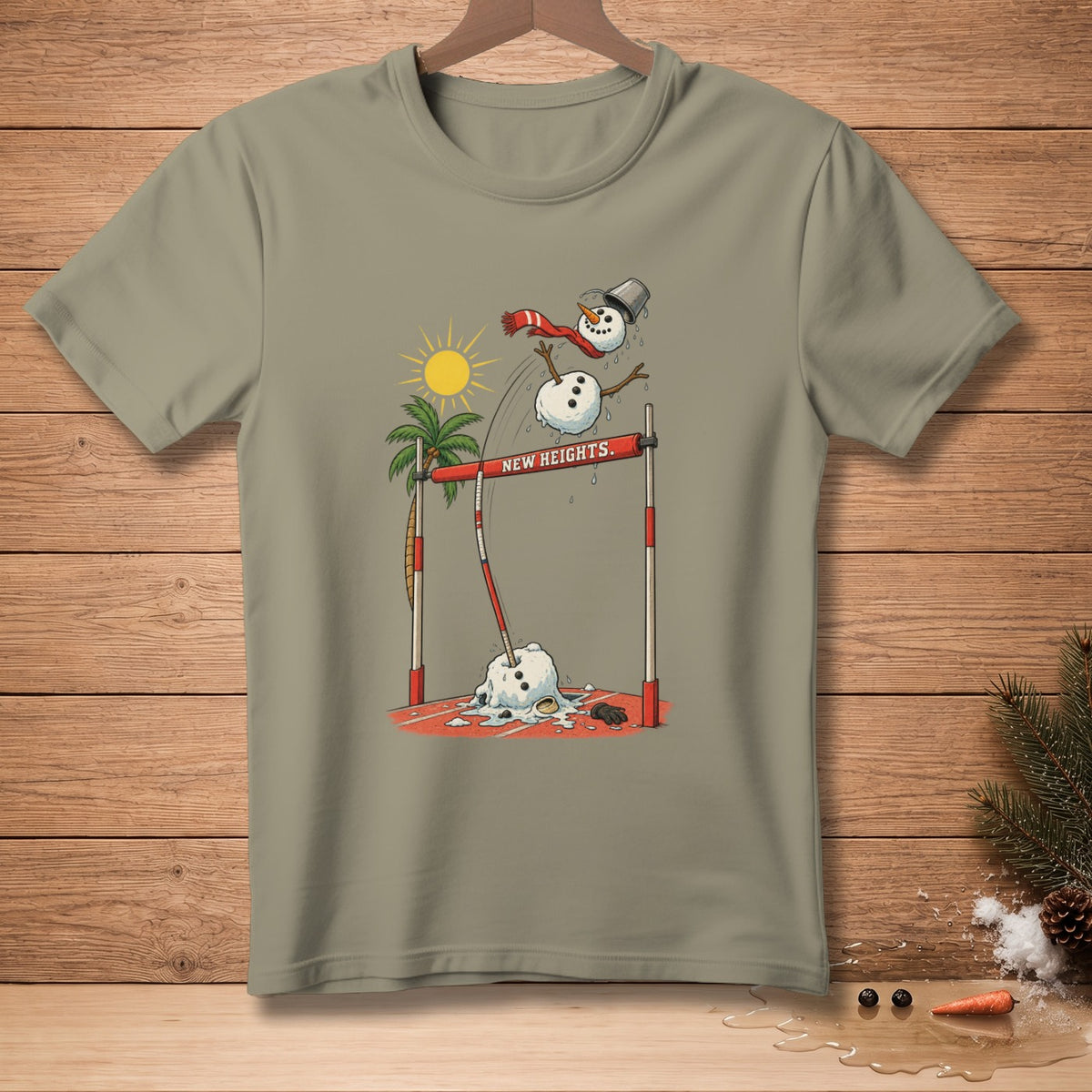Melting snowman mid-jump over hurdle labeled "NEW HEIGHTS."