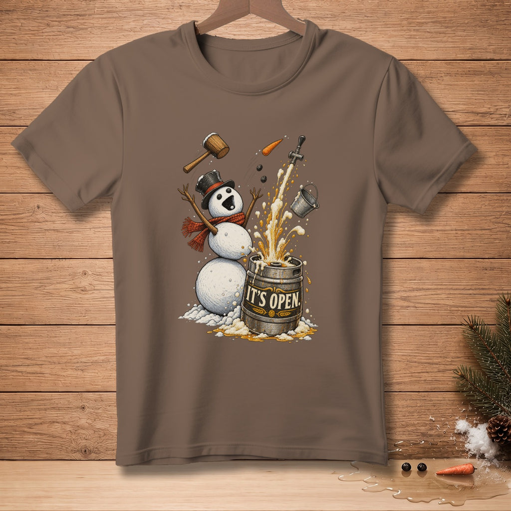Snowman with hat and scarf pours beer from keg labeled "It's Open."