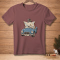T-shirt with cartoon snowman in top hat driving blue convertible, holding map.