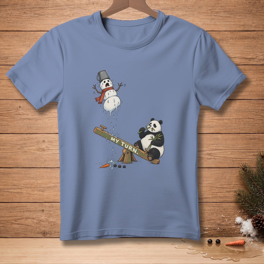 Panda on seesaw eating bamboo, melting snowman above with text "MY TURN".