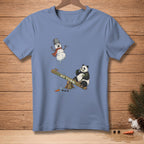 Panda on seesaw eating bamboo, melting snowman above with text "MY TURN".