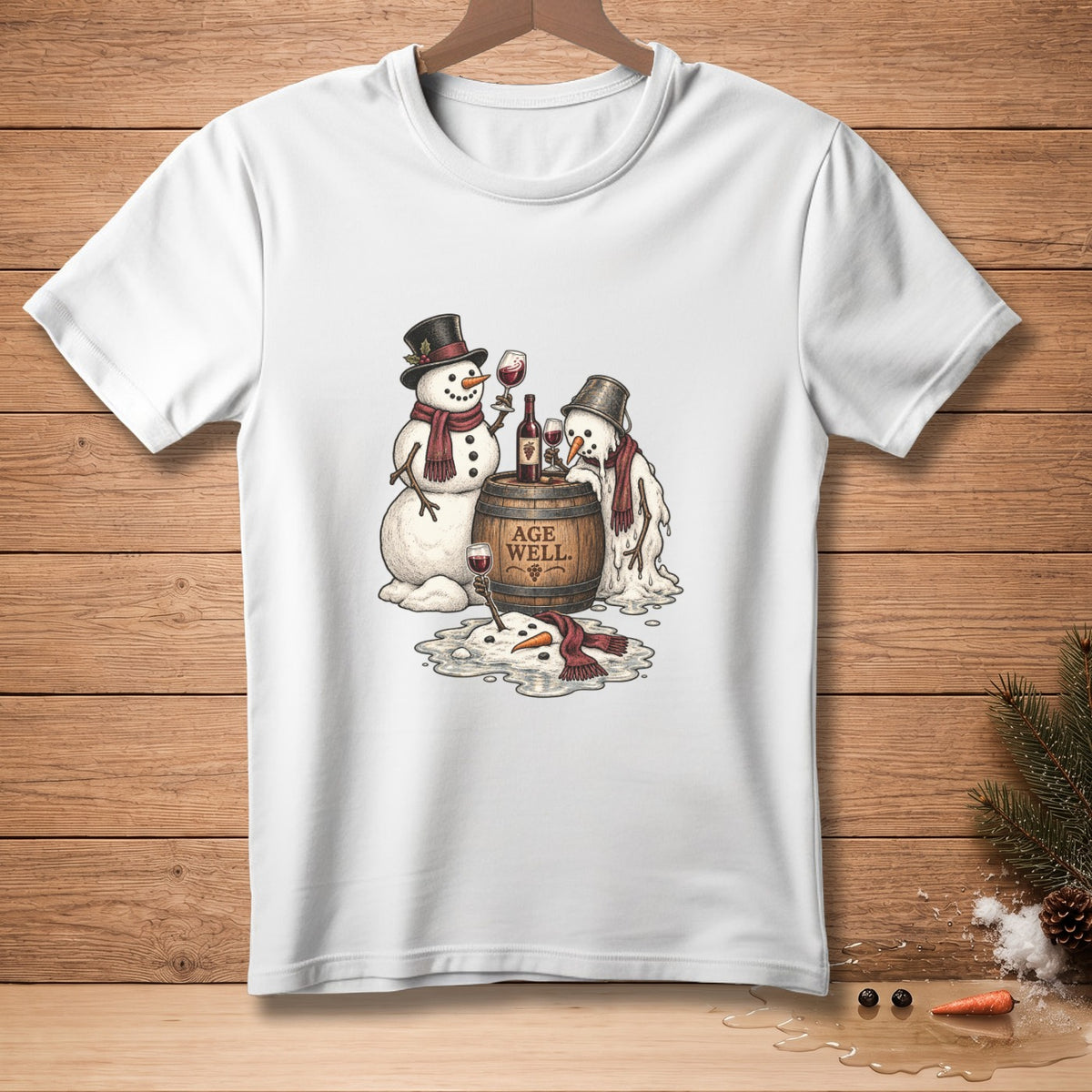 Two melting snowmen drink wine from a barrel labeled "Age Well."