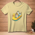 Three snowmen ride in a yellow duck raft with "FULL SPEED" text.