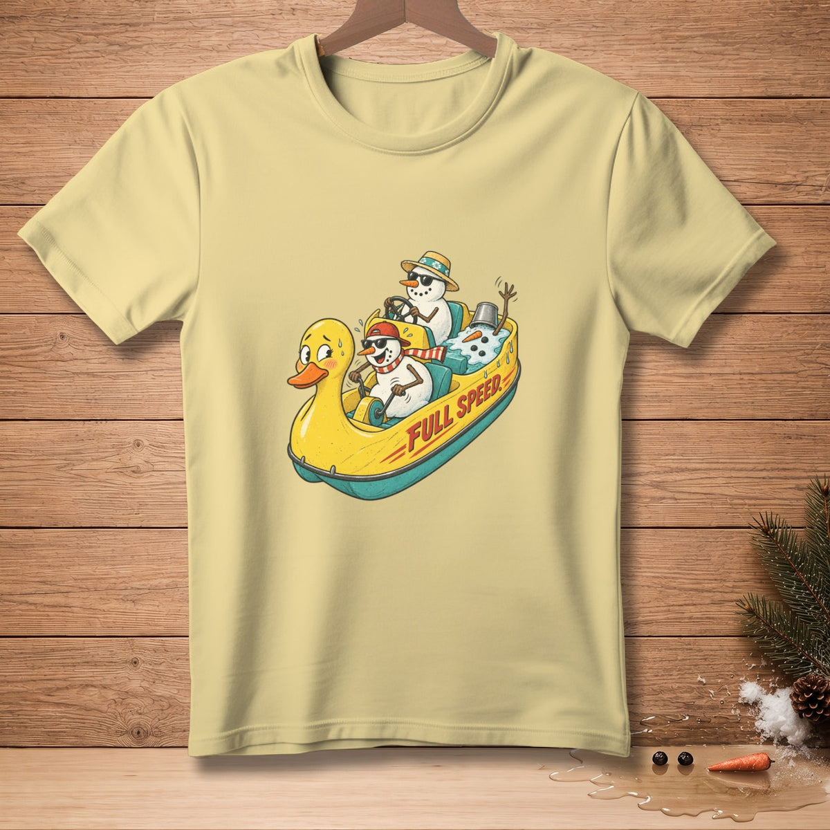 Three snowmen ride in a yellow duck raft with "FULL SPEED" text.