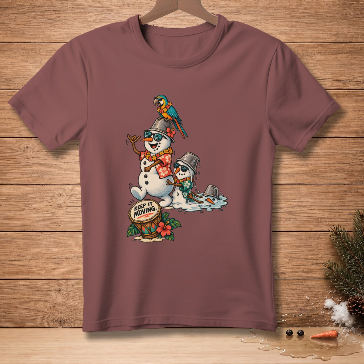 Two melting snowmen with sunglasses and leis play a drum with text "KEEP IT MOVING."
