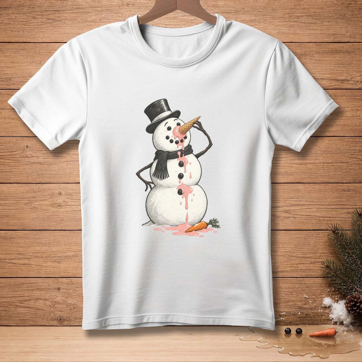 White t-shirt with melting snowman wearing a top hat and scarf holding an ice cream cone.
