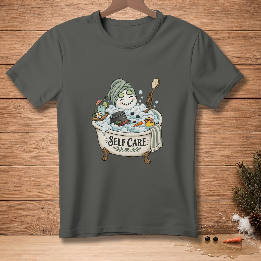 Snowman in a bathtub with cucumbers on eyes and "Self Care" text.