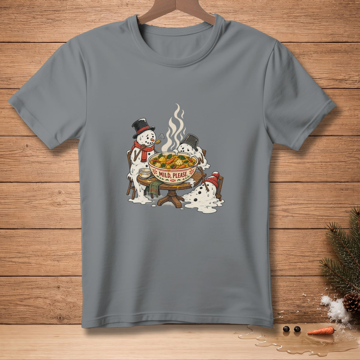 Melting snowmen eat soup from a bowl labeled "MILD, PLEASE."