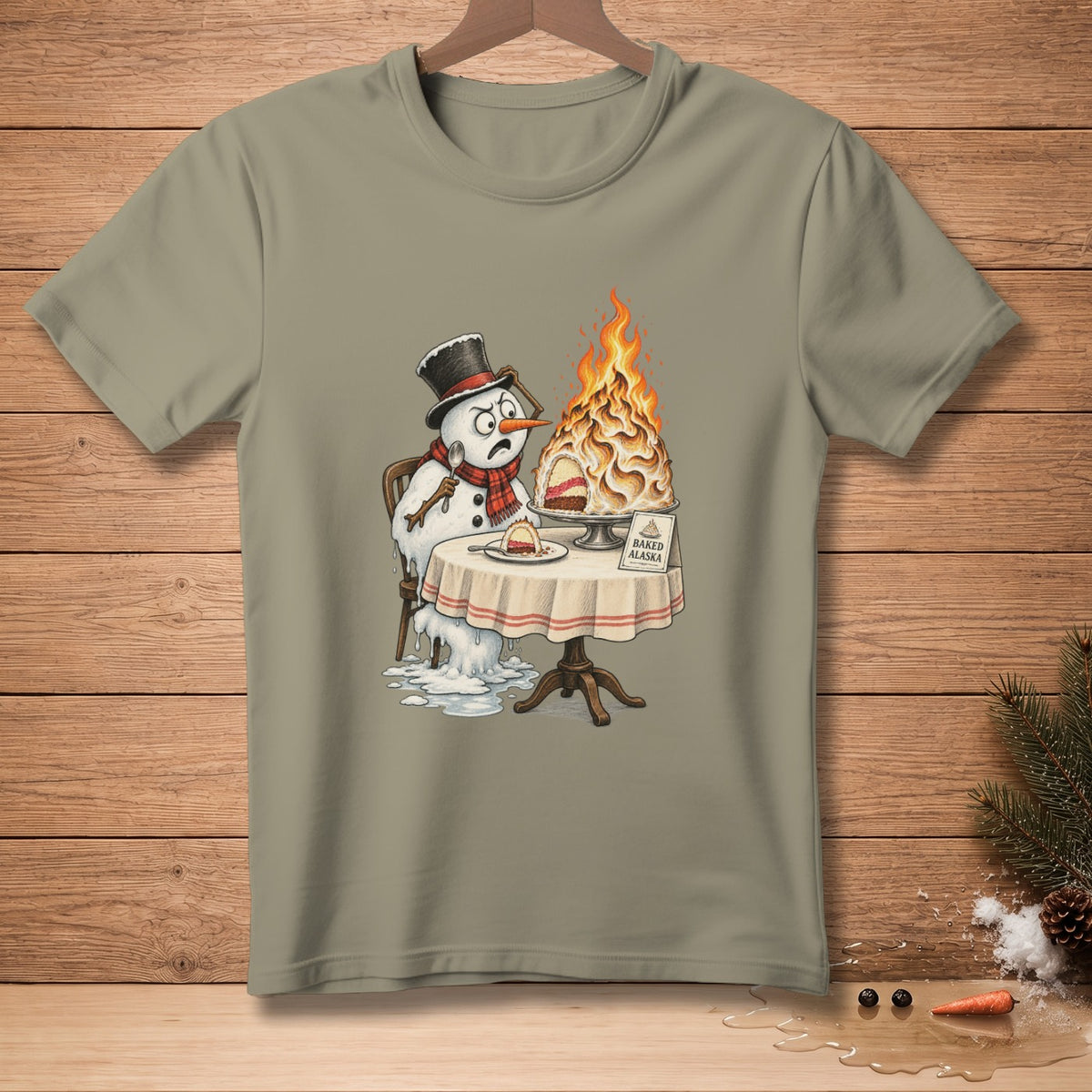 Melting snowman looking upset at a flaming baked Alaska dessert.
