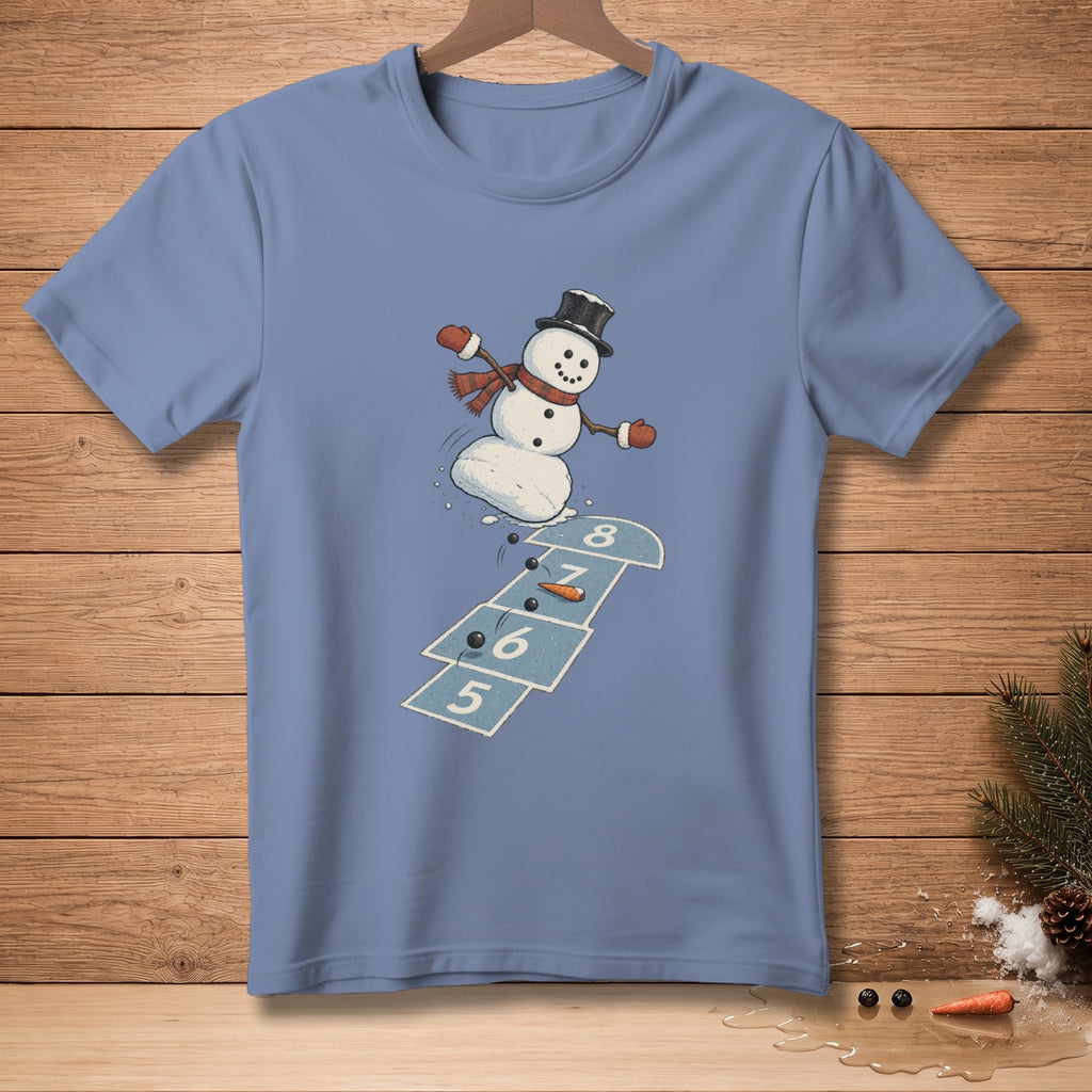 Snowman wearing a hat and scarf playing hopscotch with numbers 5, 6, 7, and 8.