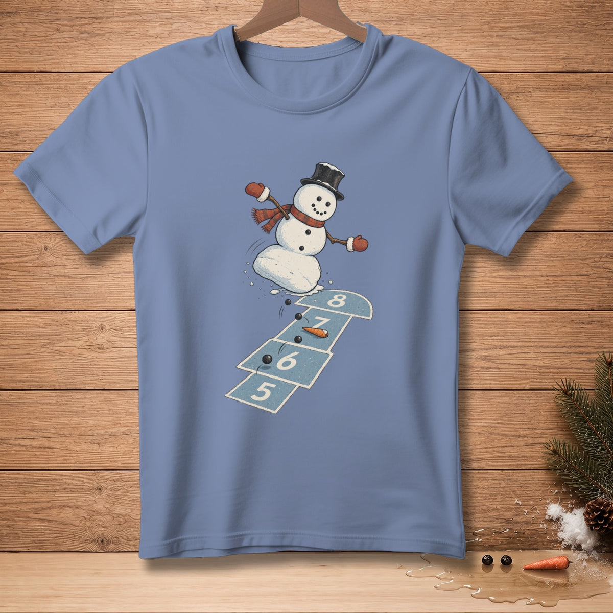 Snowman wearing a hat and scarf playing hopscotch with numbers 5, 6, 7, and 8.