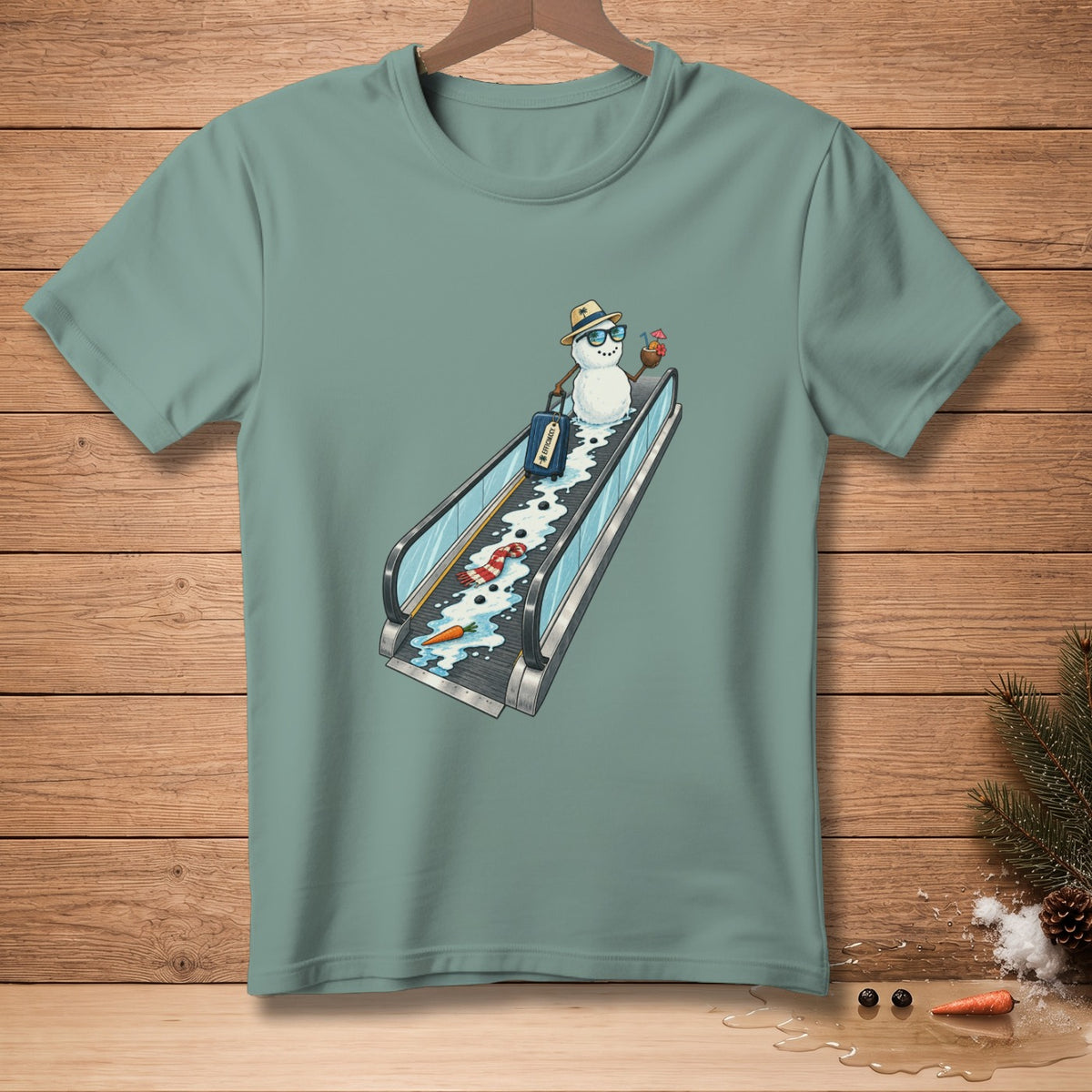 Snowman on escalator with suitcase, holding a drink, with a carrot and scarf.