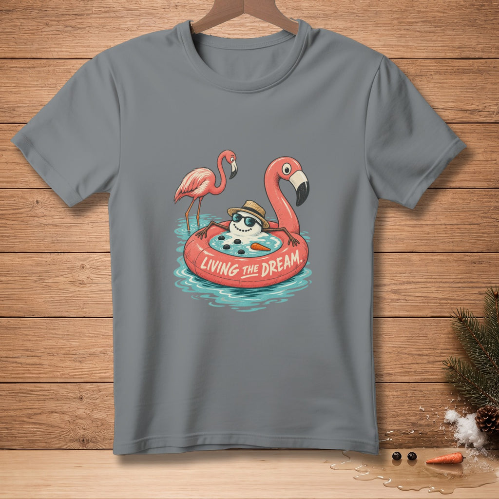 T-shirt with cartoon of a snowman on a flamingo float saying "Living the Dream".