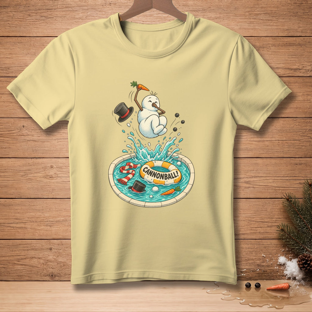 Snowman jumping into pool with life preserver that says "Cannonball!".