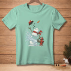 Mint t-shirt with a cartoon snowman spraying water from a fire hydrant.