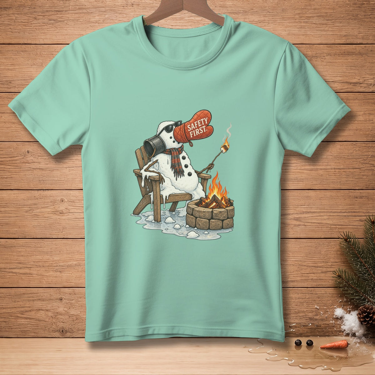 Snowman with a bucket on head and "Safety First" mitt roasting a marshmallow over a campfire.