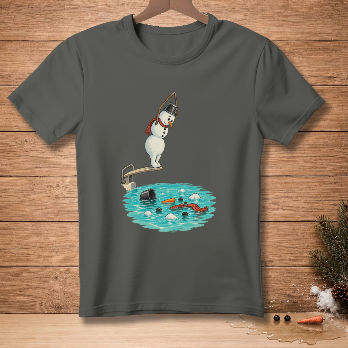 Snowman with bucket hat on diving board, preparing to jump into water with snowman parts.