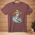 Snowman wearing a straw hat and sunglasses riding a jet ski.