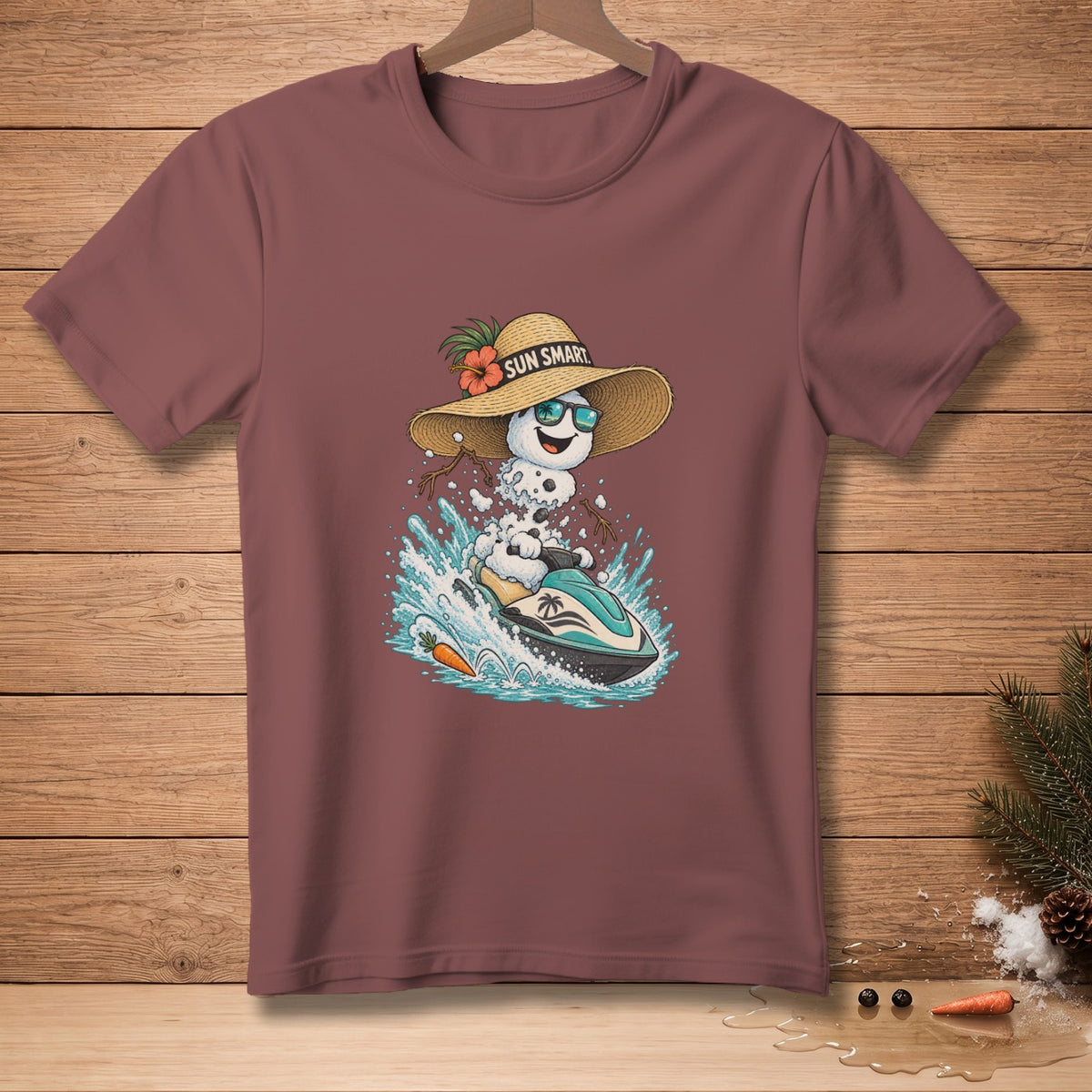 Snowman wearing a straw hat and sunglasses riding a jet ski.