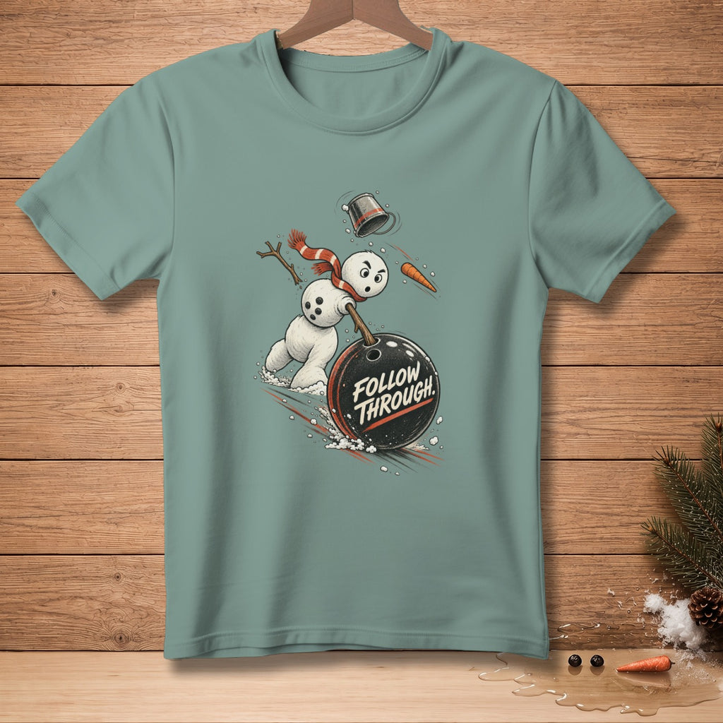 Snowman bowling with text "FOLLOW THROUGH" on a shirt.