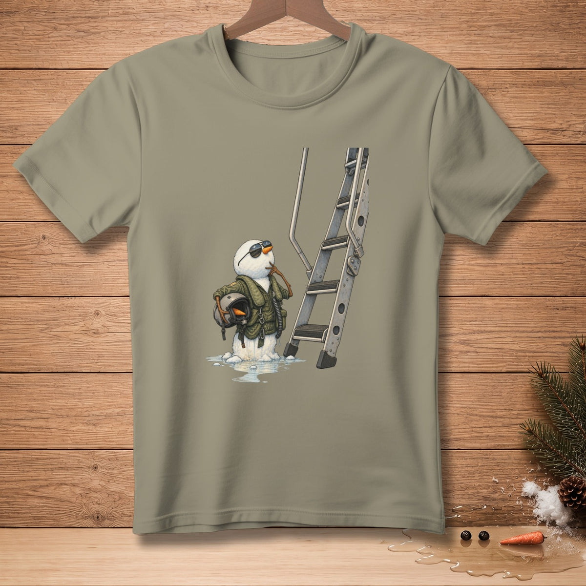 Snowman in pilot gear and sunglasses holding a helmet near a ladder.