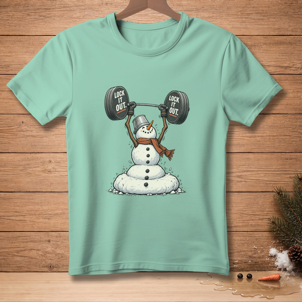 Snowman lifting weights with "Lock It Out" text on the weights.
