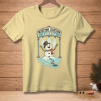 Yellow t-shirt with melting snowman under a "Misting Station AHHHHH" sign.