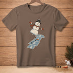 Snowman playing hopscotch on a brown t-shirt with a cartoon design.