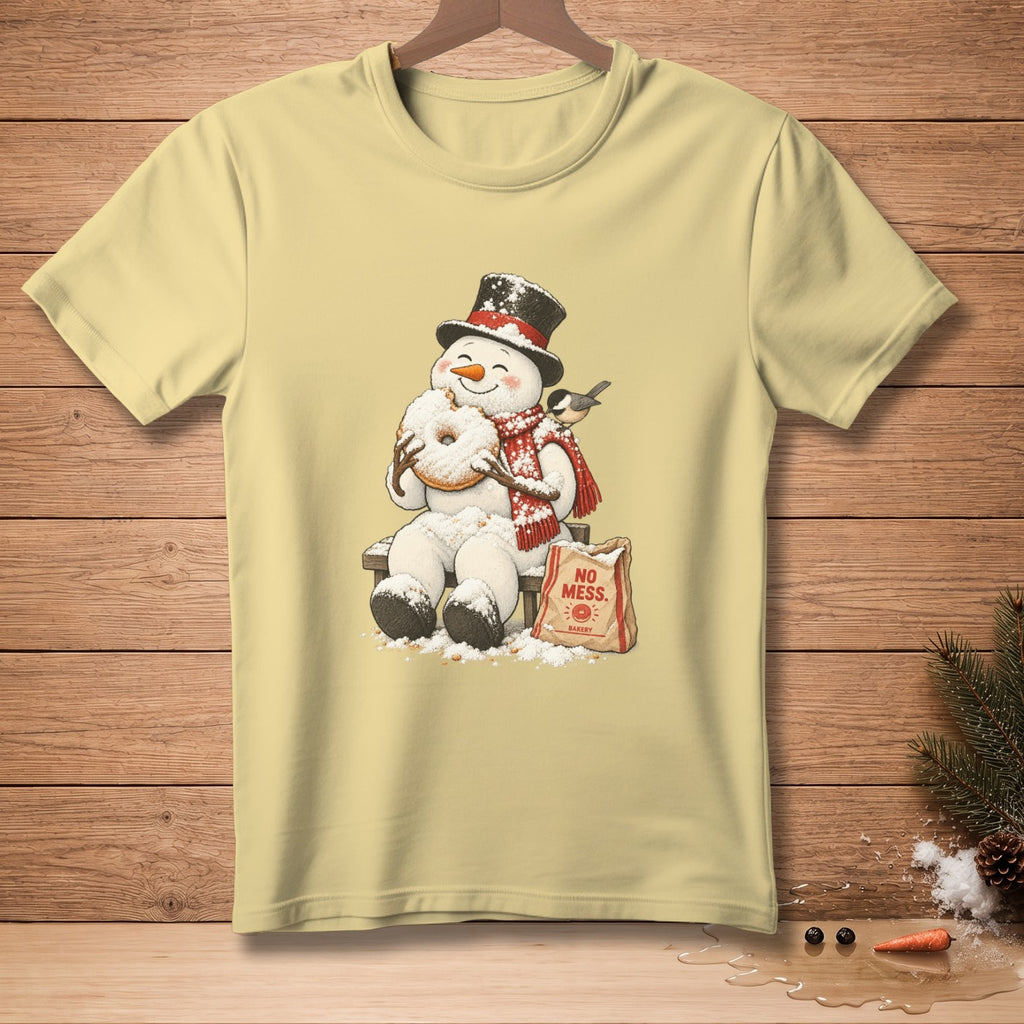 Snowman wearing top hat eating donut, with bird and "NO MESS BAKERY" bag.