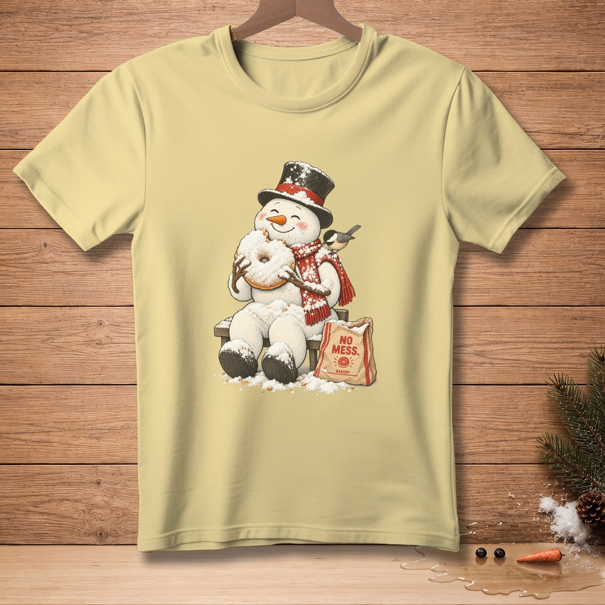 Snowman wearing top hat eating donut, with bird and "NO MESS BAKERY" bag.