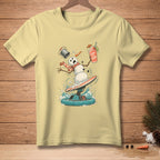 Snowman surfing and holding a drink that says "Save the Drink".