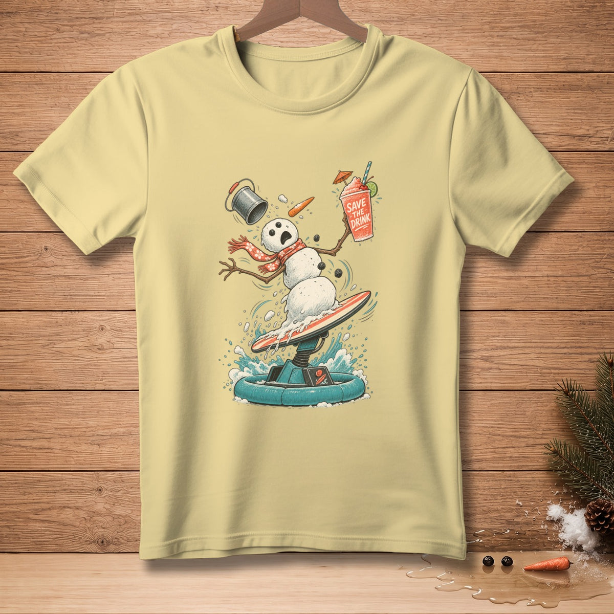 Snowman surfing and holding a drink that says "Save the Drink".