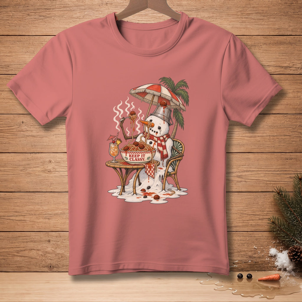 Snowman eating spaghetti under an umbrella with "Keep It Classy" text.