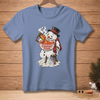 Melting snowman in top hat eating soup from bowl with "Comfort Food" text.