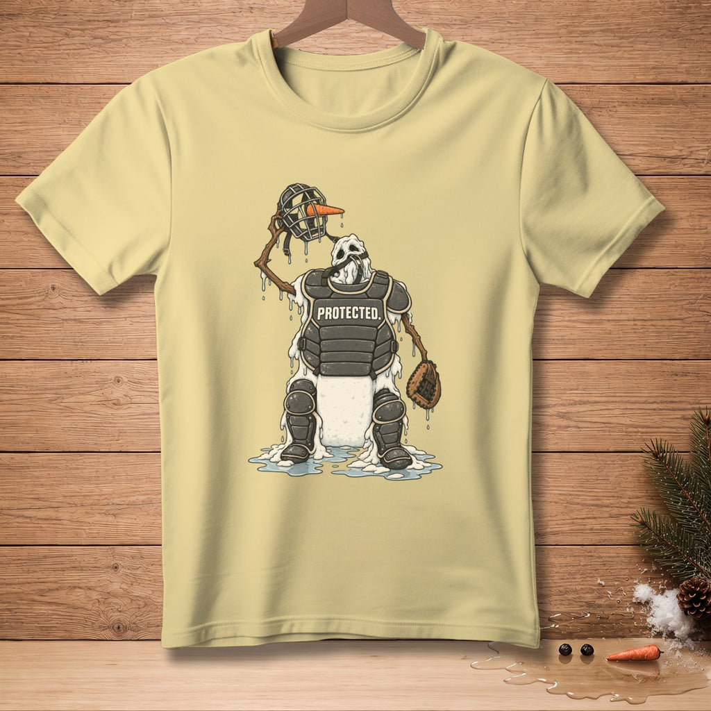 A melting snowman catcher wears protective gear and holds a baseball mitt and helmet.