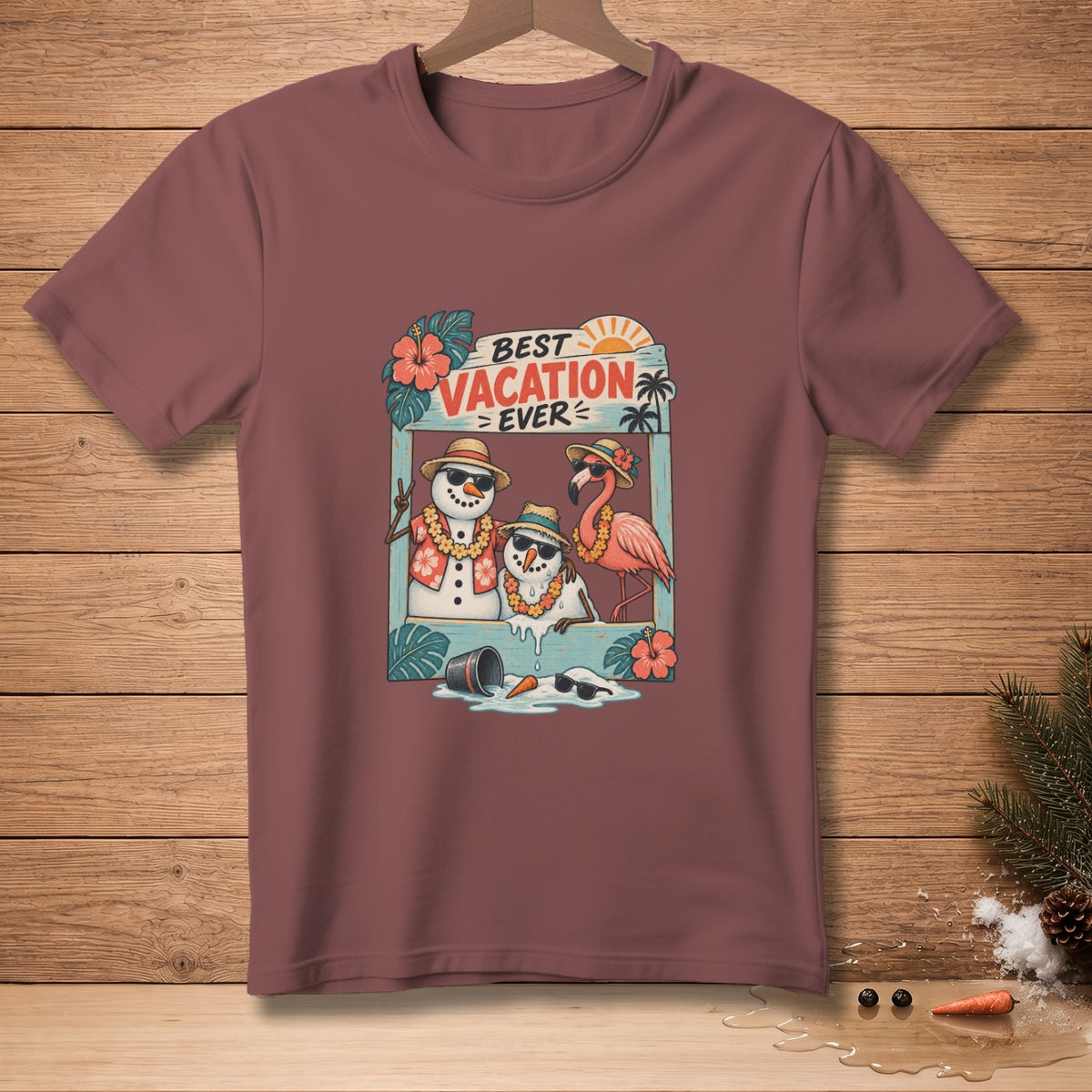 T-shirt with cartoon snowmen and flamingo on vacation with text "Best Vacation Ever".