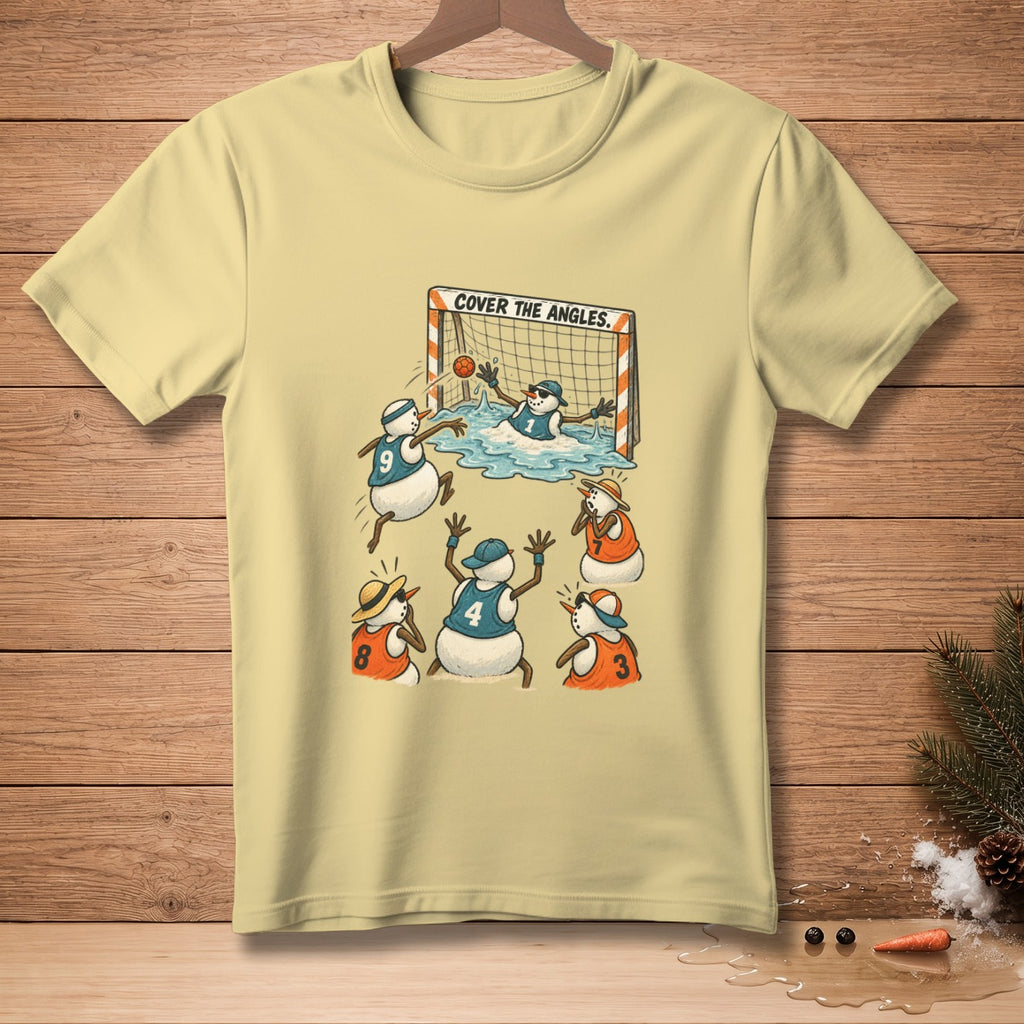 Snowmen play water polo in front of a goal with "COVER THE ANGLES." text.