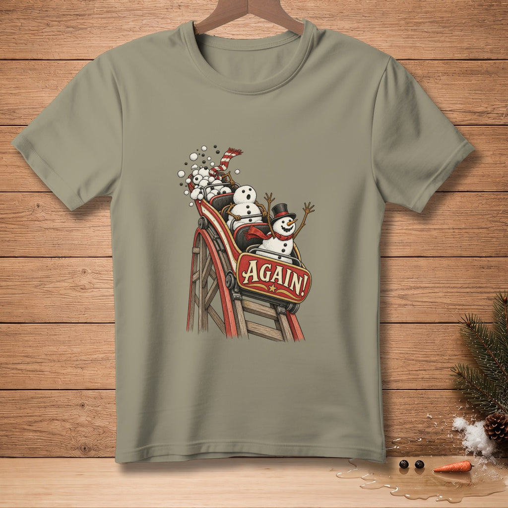 T-shirt graphic of snowmen on a roller coaster with the word "AGAIN!"