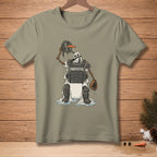 Snowman catcher with "PROTECTED." text on chest protector and baseball gear.