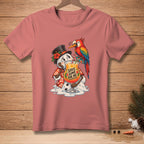 T-shirt with melting snowman in Hawaiian shirt holding cocktail with parrot.