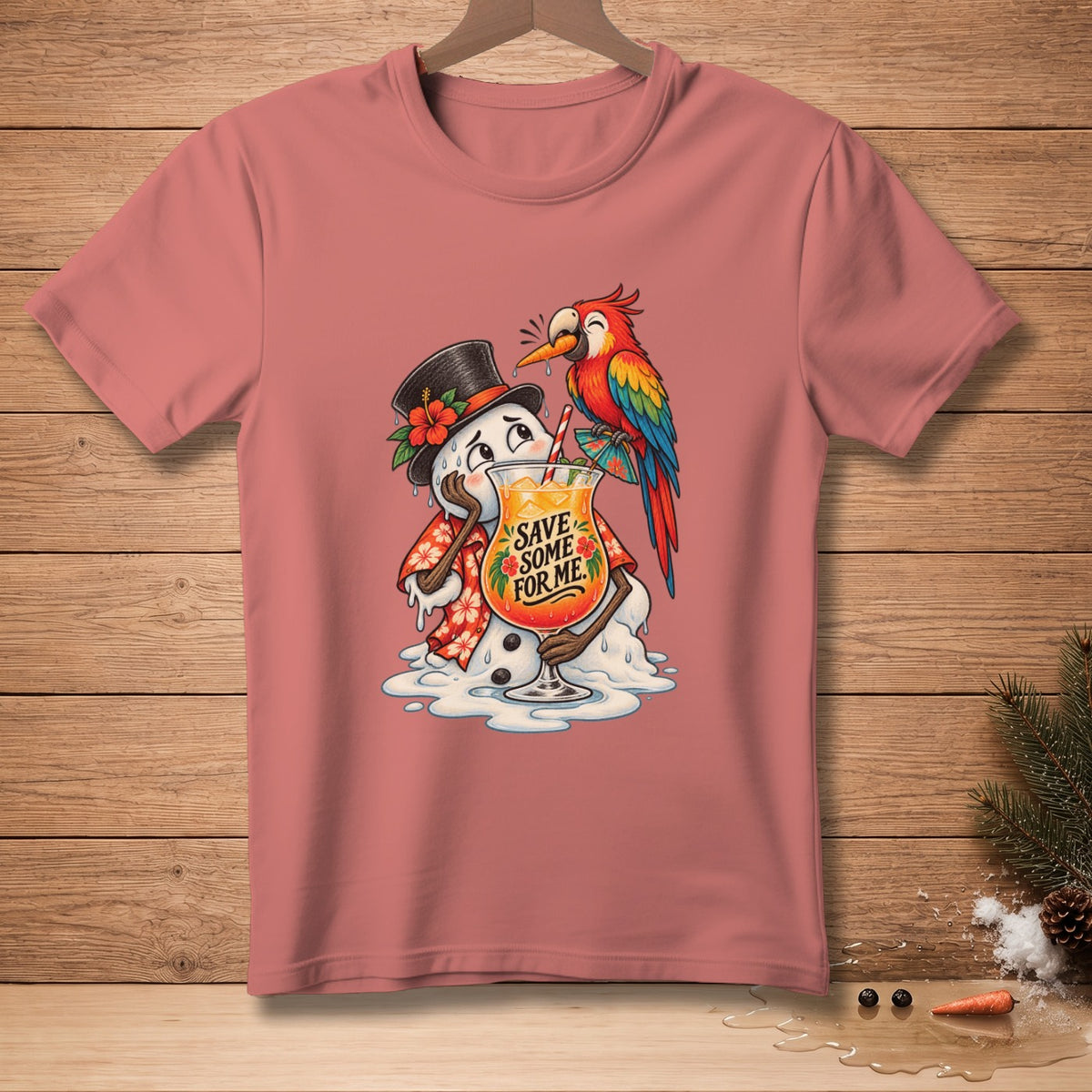 T-shirt with melting snowman in Hawaiian shirt holding cocktail with parrot.